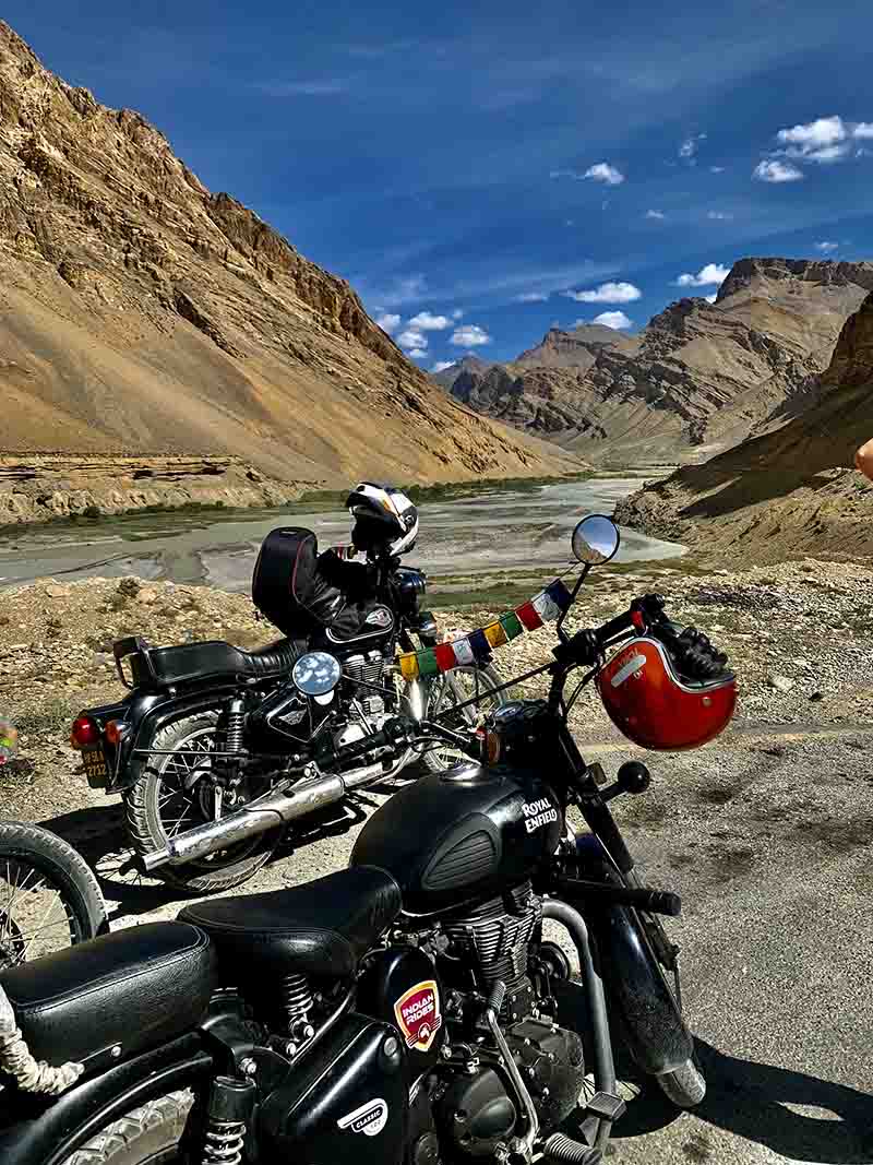 Capture a view of the Nubra River on a Motorcycle Journey to Leh I Royal Enfields on a Himalayan Tour I Bike Tours in India