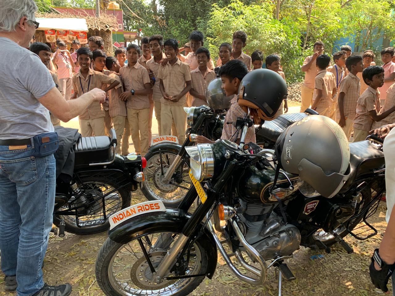 Bike riders Meet school children I Group Motorcycle Tours To South India I An Adventurous road trip to India on Motorcycle